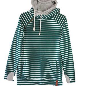 Ampersand Ave Womens Size M Green Striped Gray DoubleHood Sweatshirt